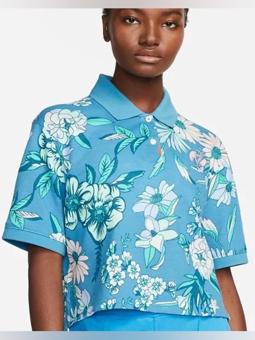 Nike Dri-Fit Blue Tropical Floral Print Cropped Golf Polo Shirt Women’s XL NWT